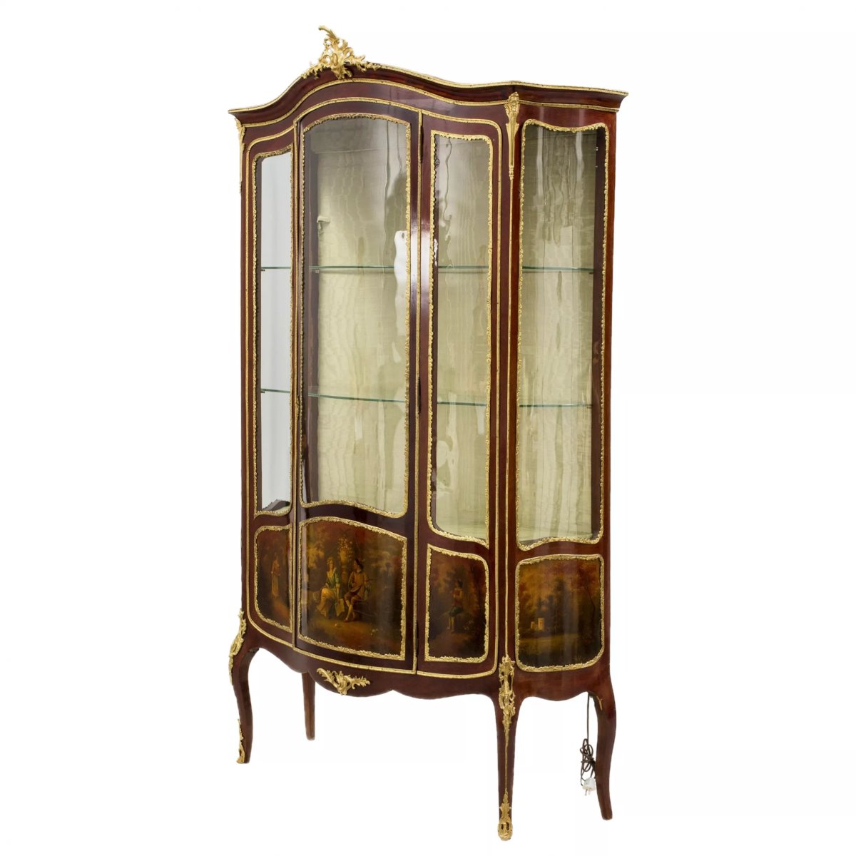 Three-door Mahogany Display Cabinet, Decorated With Painted Panels And Gilded Bronze Fittings.-photo-2