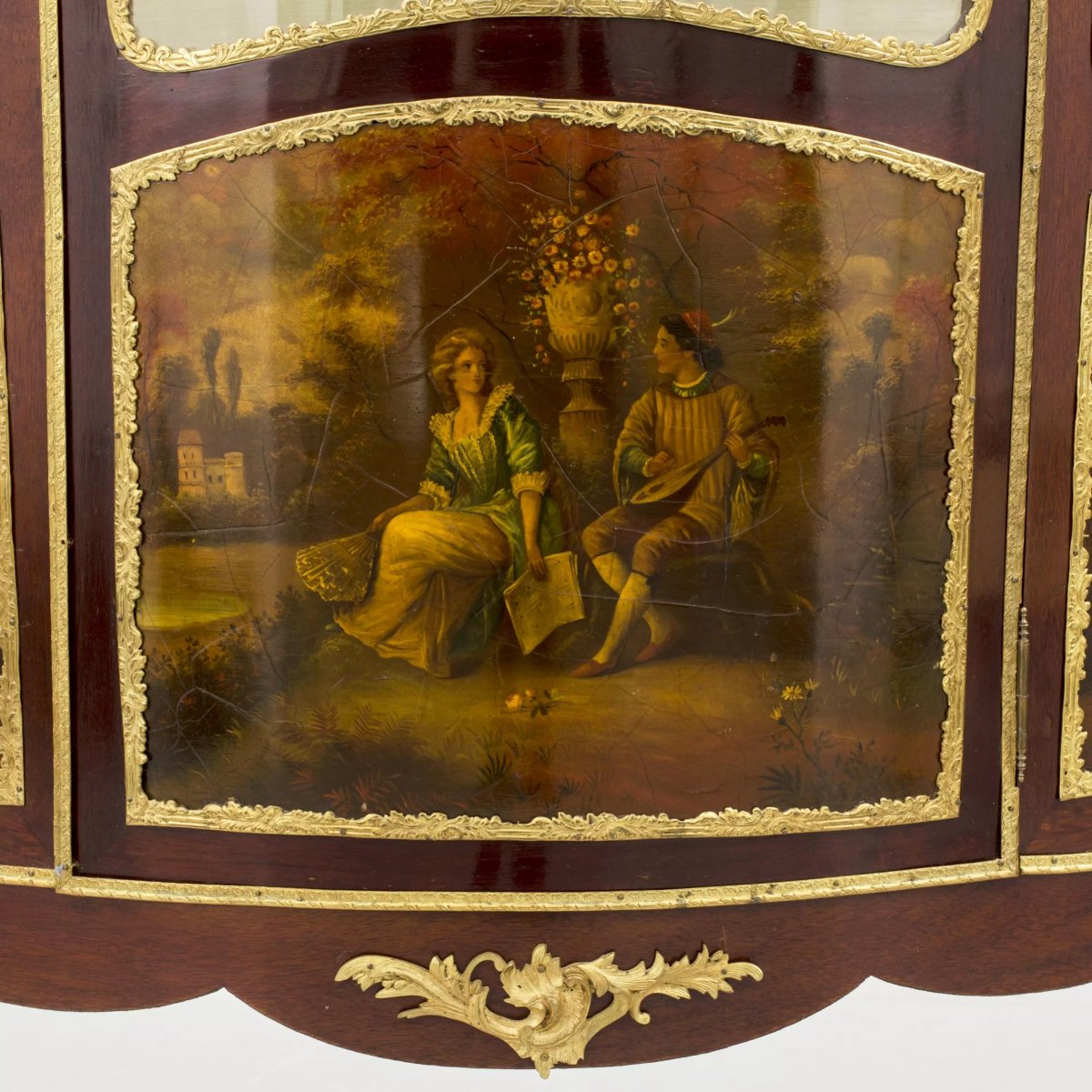 Three-door Mahogany Display Cabinet, Decorated With Painted Panels And Gilded Bronze Fittings.-photo-1