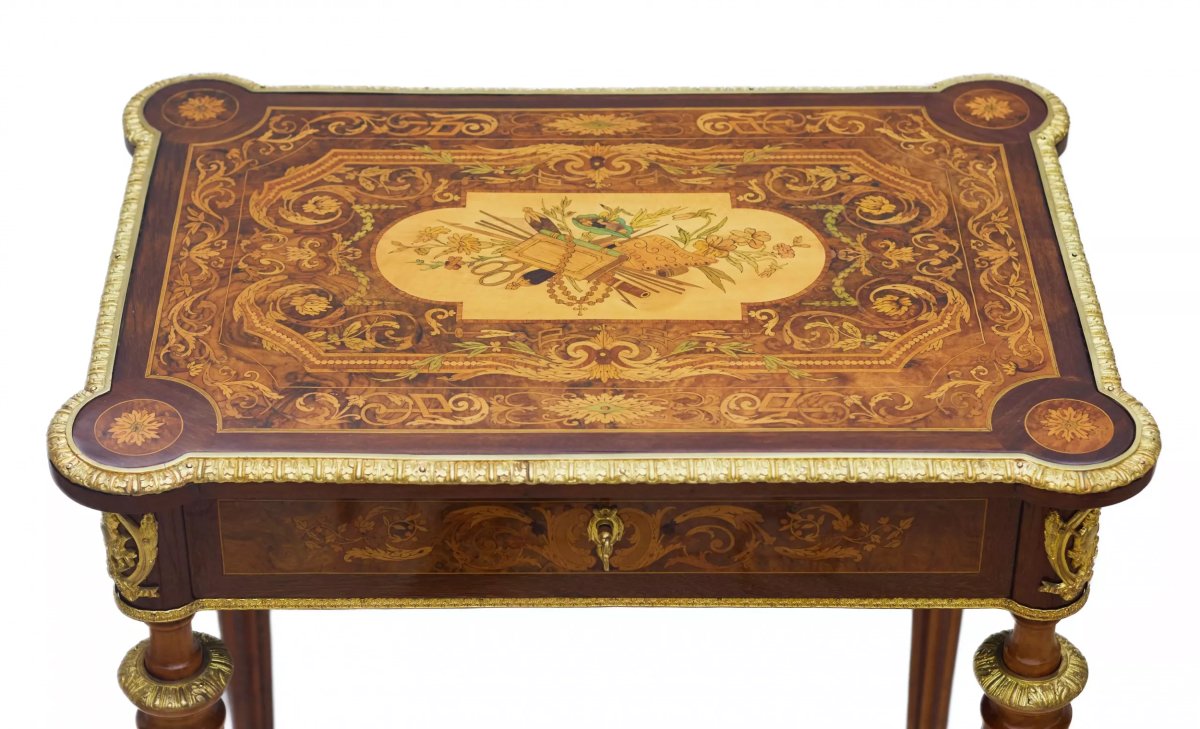 BUREAU À ÉCRIRE AVEC MARQUETERIE ET BRONZES DORÉS FRANCE, FIN DU XIXᵉ SIÈCLE-photo-1