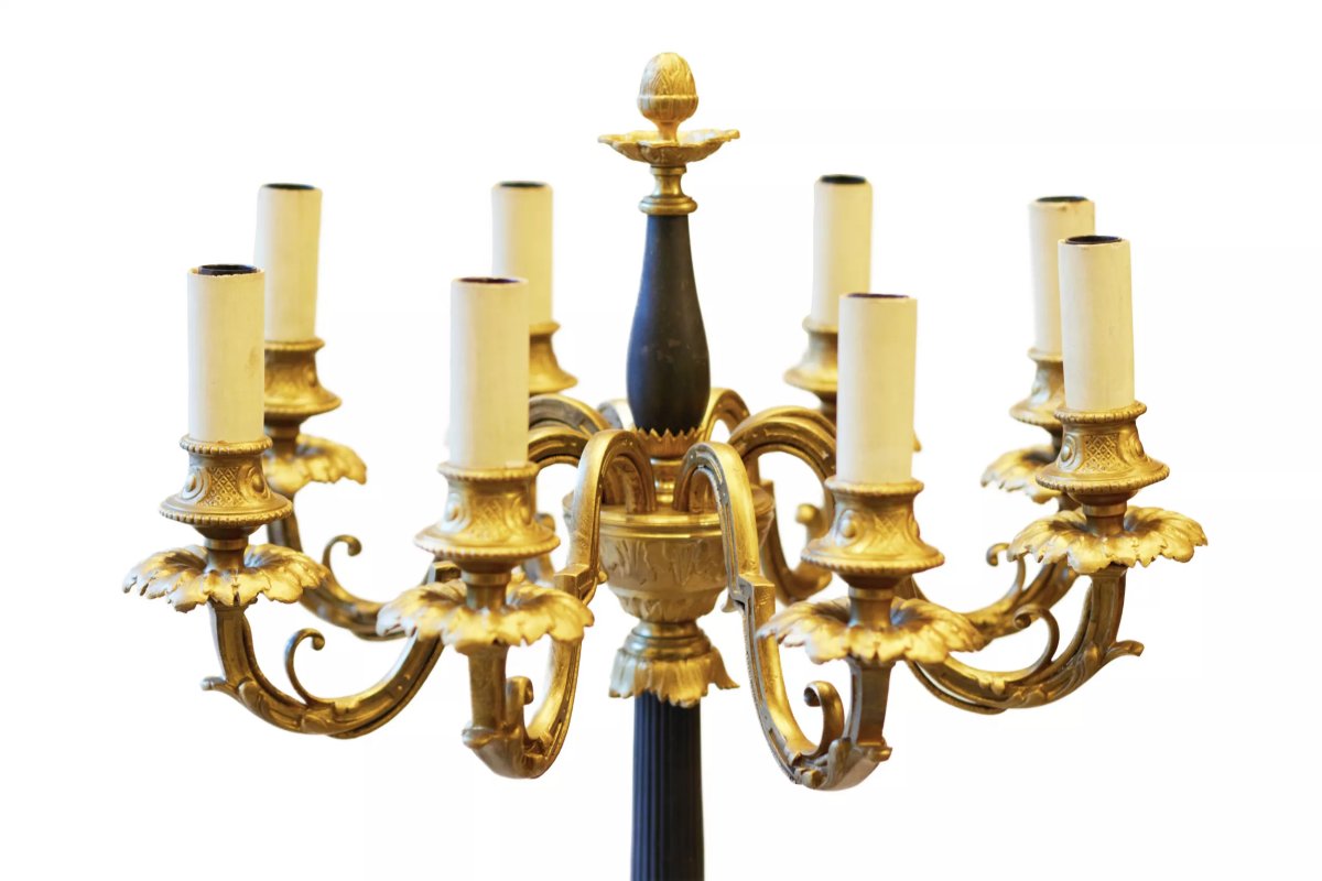 LAMPADAIRE FRANÇAIS EN BRONZE DORÉ ET PATINÉ DE STYLE LOUIS XVI. FRANCE, VERS 1900-photo-4