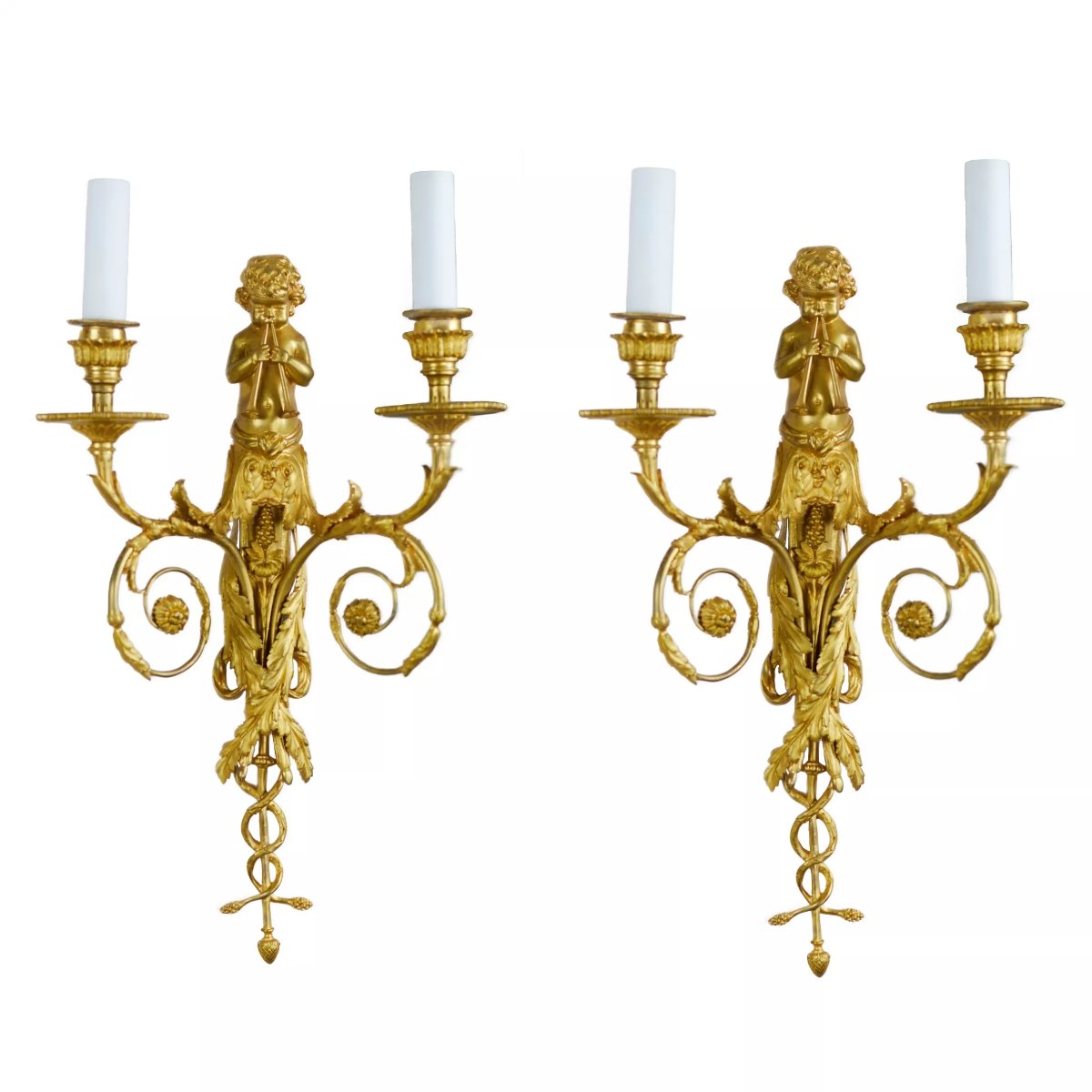 Pair Of Two-light French Wall Sconces In Gilded Bronze In The Louis X Style