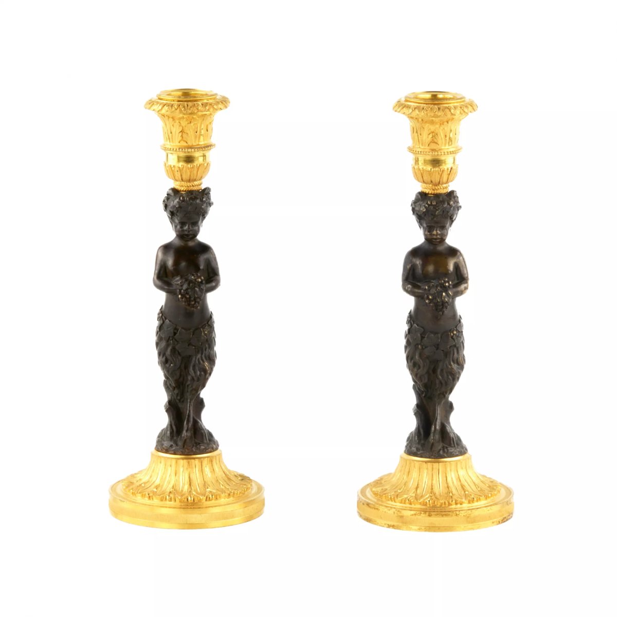 Pair Of Bronze Candlesticks, “fauns.” France. Mid-19th Century