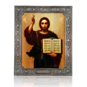 Icon Of Christ The Pantocrator With A Silver Basma. Semion Grigorievich Galkine.