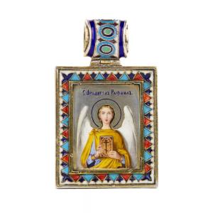 ICÔNE RUSSE EN ARGENT DE L’ARCHANGE RAPHAËL, ÉMAUX PEINTS ET CLOISONNÉS. FIN DU XIXᵉ SIÈCLE.