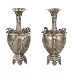 Pair Of Japanese Silver Vases With Japanese Enamel, Turned, 19th–20th Centuries