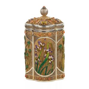 Silver Tea Box With Enamel And Chinese Cabochons, 20th Century
