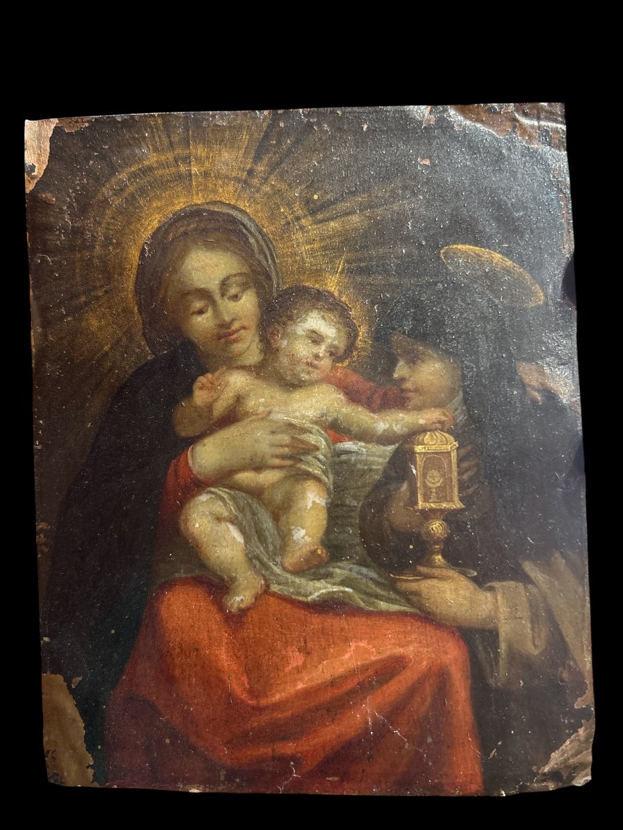 Oil On Copper Depicting The Virgin And Child And Saint Clare Of Assisi, Late 17th Century-photo-2
