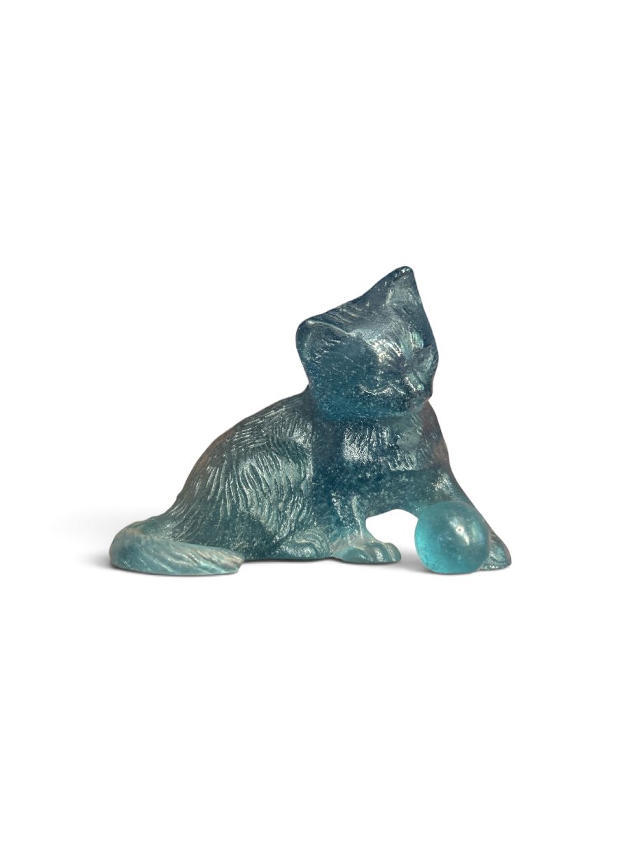 Daum - Blue Glass Paste Cat, 20th Century