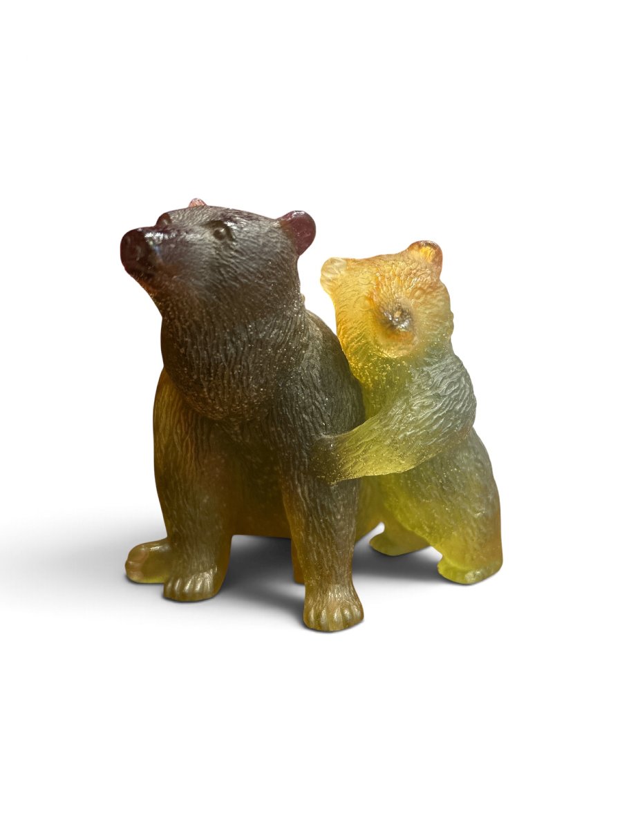 Daum - Sculpted Glass Paste Group, Bear And Cub, 20th Century