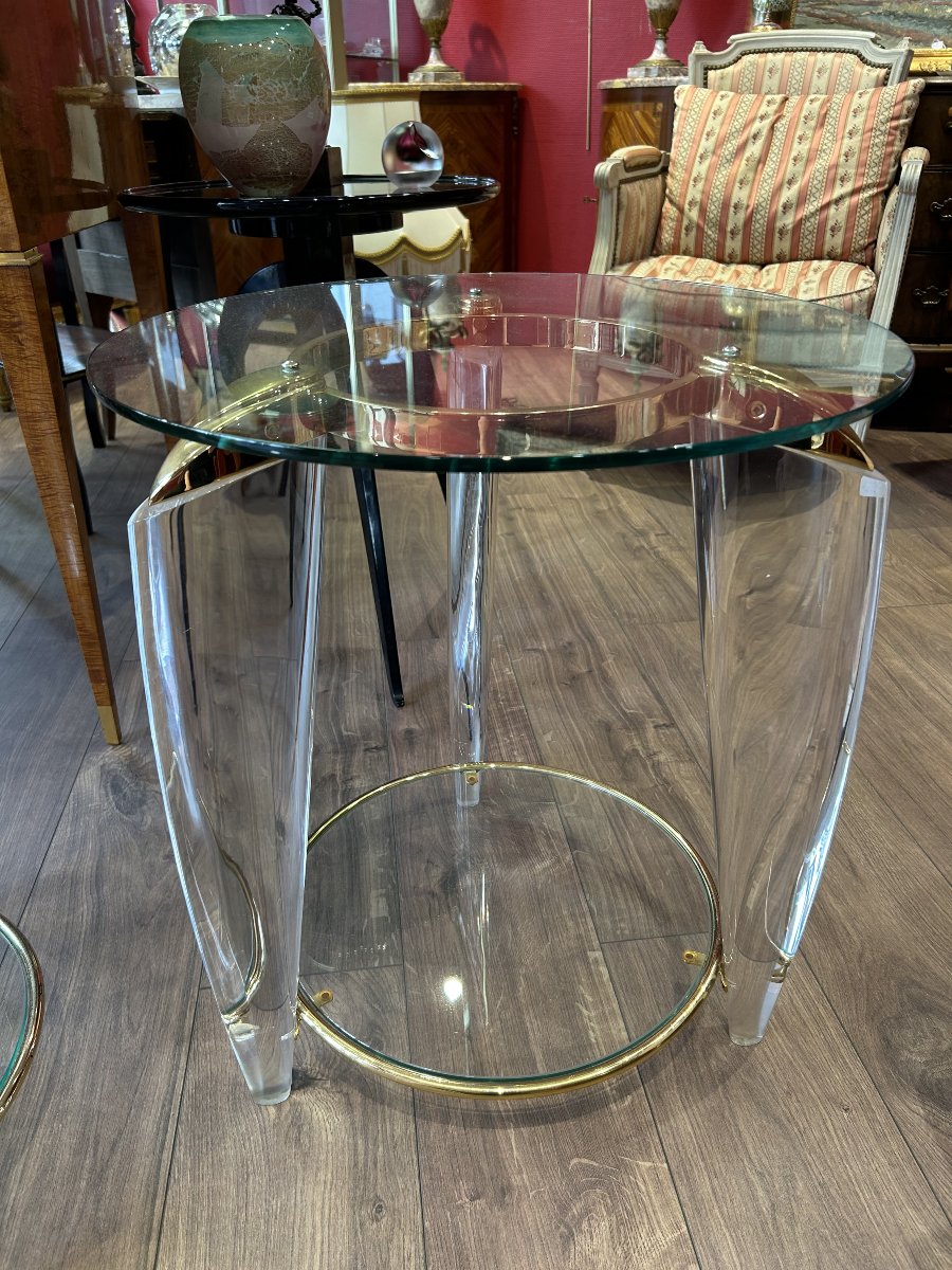 Italy - Pair Of Side Tables Made Of Glass, Plexiglas, And Brass, 1960s-photo-2