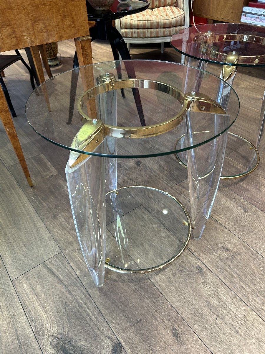 Italy - Pair Of Side Tables Made Of Glass, Plexiglas, And Brass, 1960s-photo-3