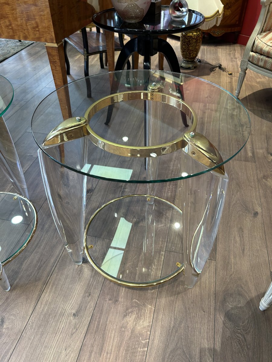 Italy - Pair Of Side Tables Made Of Glass, Plexiglas, And Brass, 1960s-photo-4