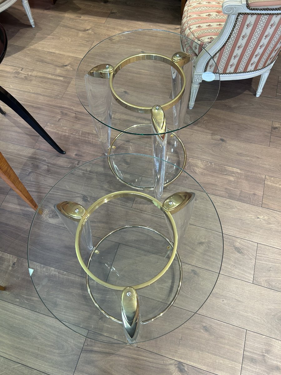 Italy - Pair Of Side Tables Made Of Glass, Plexiglas, And Brass, 1960s-photo-1