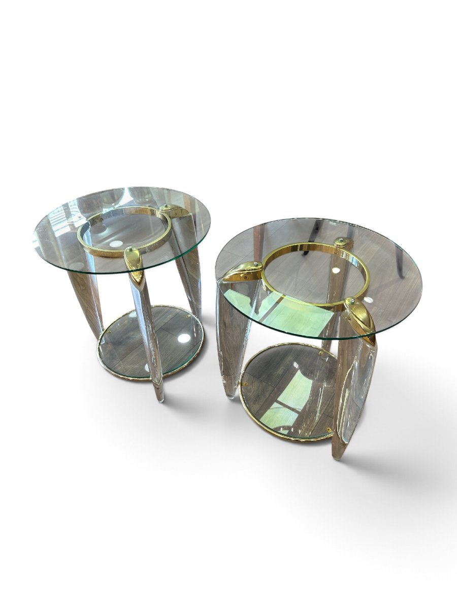 Italy - Pair Of Side Tables Made Of Glass, Plexiglas, And Brass, 1960s