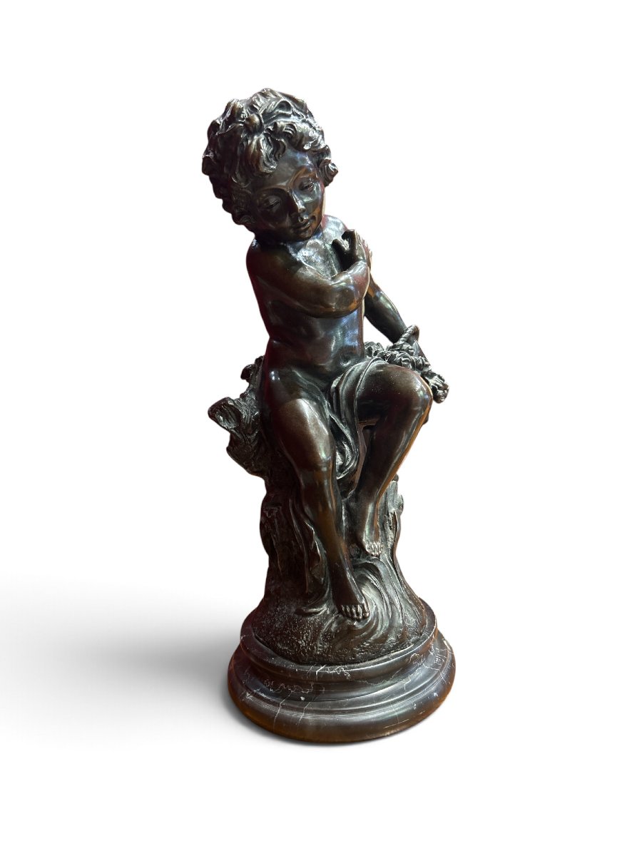 Bronze Statuette Of A Child Holding A Basket Of Flowers, 19th Century-photo-2
