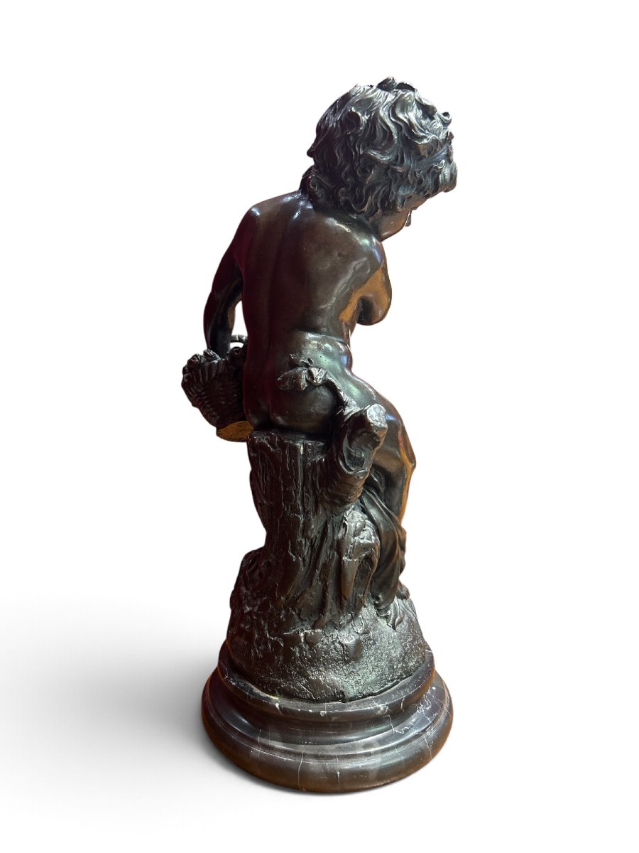 Bronze Statuette Of A Child Holding A Basket Of Flowers, 19th Century-photo-3