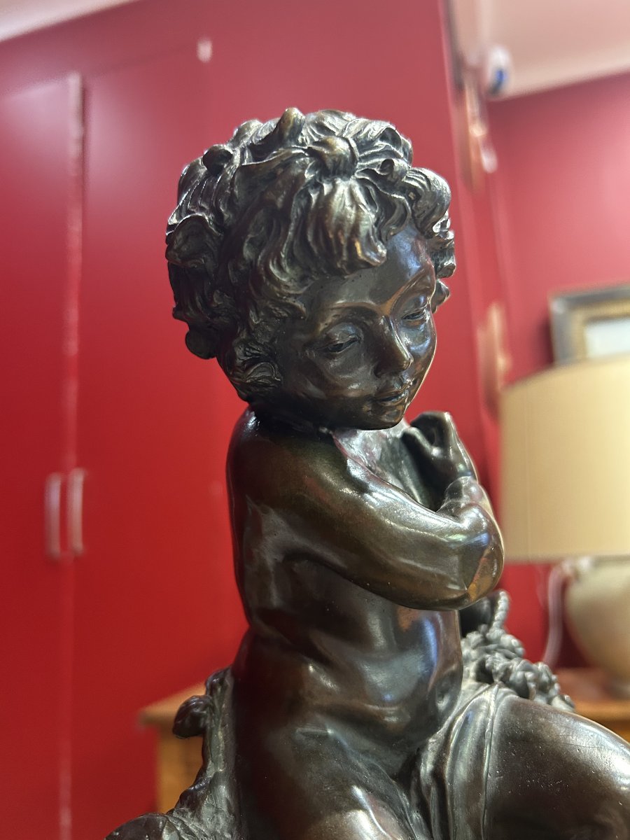 Bronze Statuette Of A Child Holding A Basket Of Flowers, 19th Century-photo-1