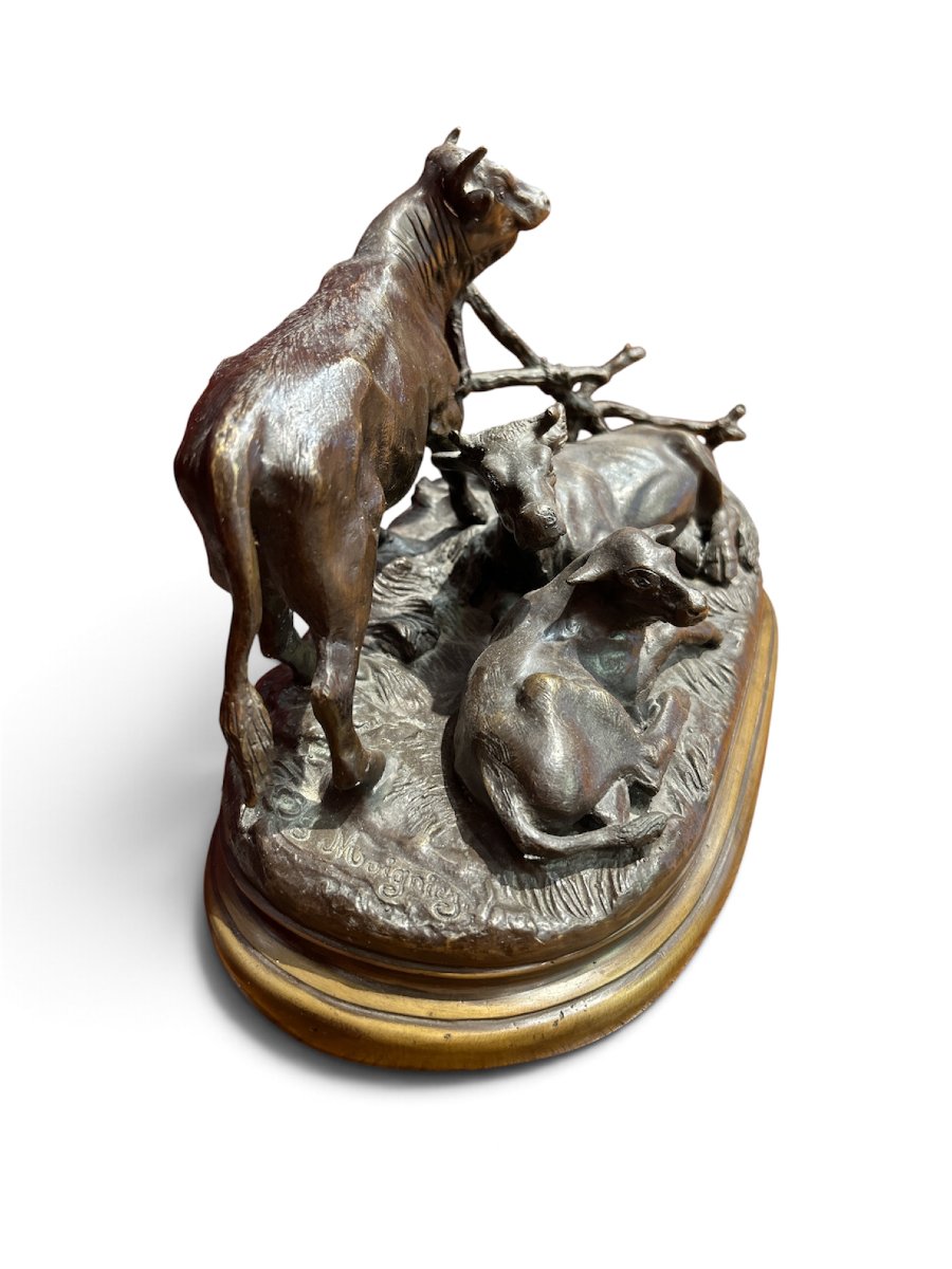 Bronze Sculpture After Jules Moigniez—"cattle Family," Early 20th Century-photo-2