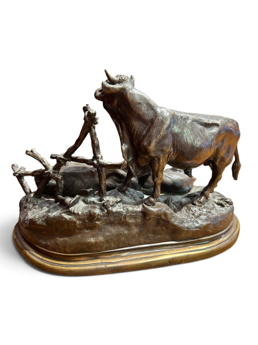Bronze Sculpture After Jules Moigniez—"cattle Family," Early 20th Century-photo-3