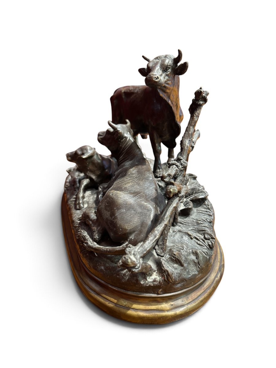 Bronze Sculpture After Jules Moigniez—"cattle Family," Early 20th Century-photo-4