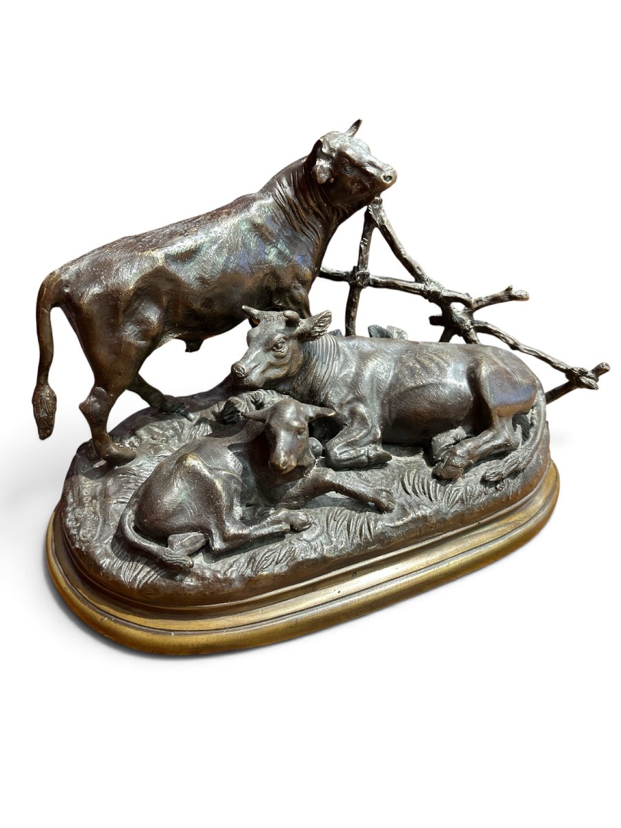 Bronze Sculpture After Jules Moigniez—"cattle Family," Early 20th Century