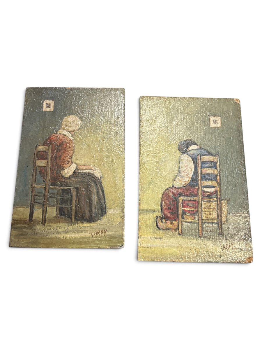 Claude Gardy - Pair Of Oil Paintings On Panel, * Madame Et Monsieur *, 20th Century