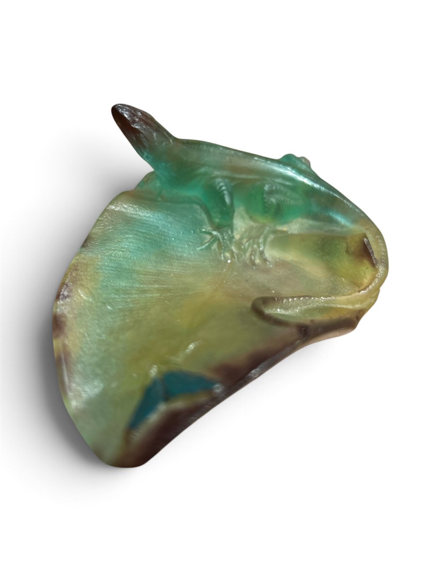 DAUM - Petit vide-poche en pâte de verre, lézard sur une feuille,  XXe siècle-photo-3