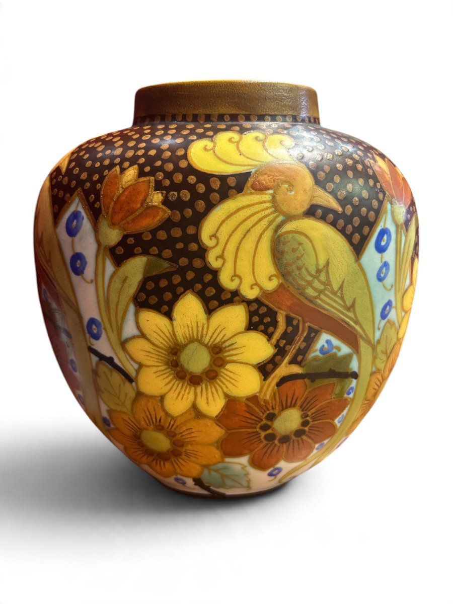 Charles Catteau - Earthenware Vase With Birds, 1930s-photo-4