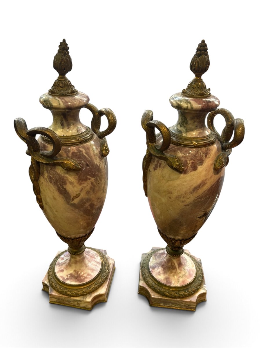 Pair Of Pink Marble And Bronze Casserole Dishes, 19th Century
