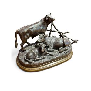 Sculpture en bronze d'après Jules MOIGNIEZ - Famille bovine, début XXe siècle