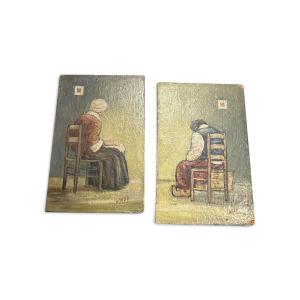 Claude GARDY - Paire d'huiles sur panneaux, Madame et Monsieur, XXe siècle