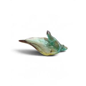 DAUM - Petit vide-poche en pâte de verre, lézard sur une feuille, XXe siècle