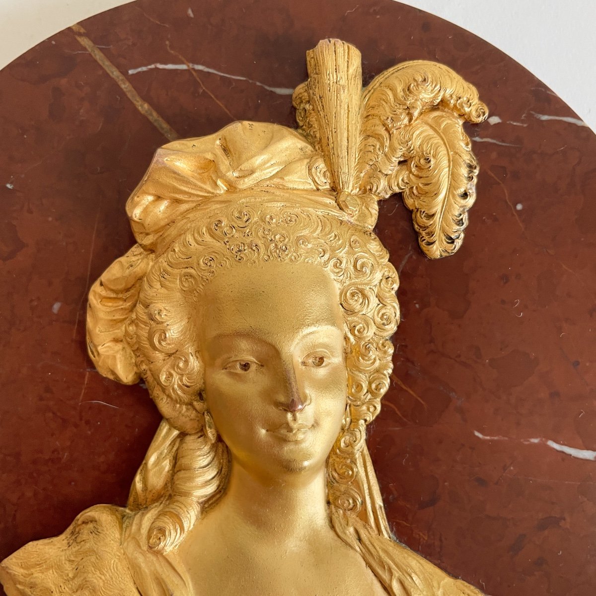 Marie Antoinette Reine  France Médaillon Royaliste Marbre Bronze Doré époque Restauration XIXe -photo-3