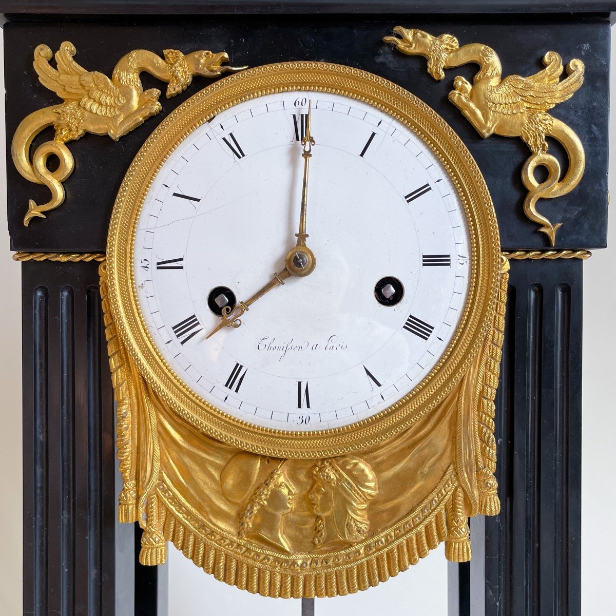 Thonifsen à Paris Empire Period Portico Clock Black Marble Gilt Bronze Early M XIXth Century-photo-2