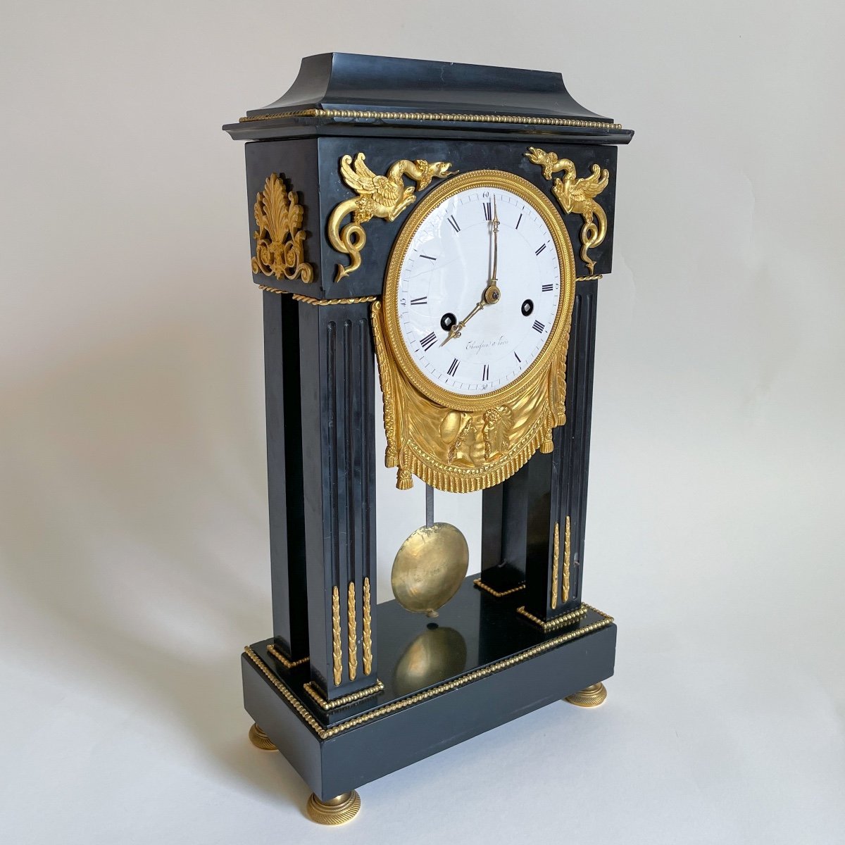 Thonifsen à Paris Empire Period Portico Clock Black Marble Gilt Bronze Early M XIXth Century-photo-1