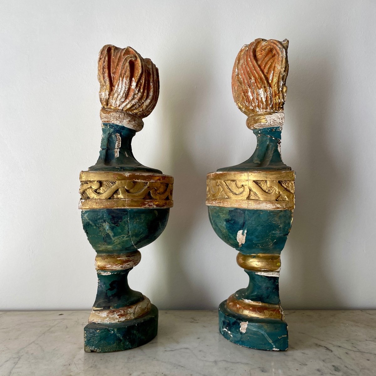 Pair Of Half Fire Pots In Gilded Carved Wood, Louis XIV Period, XVIIth XVIIIth Century, Rare-photo-1