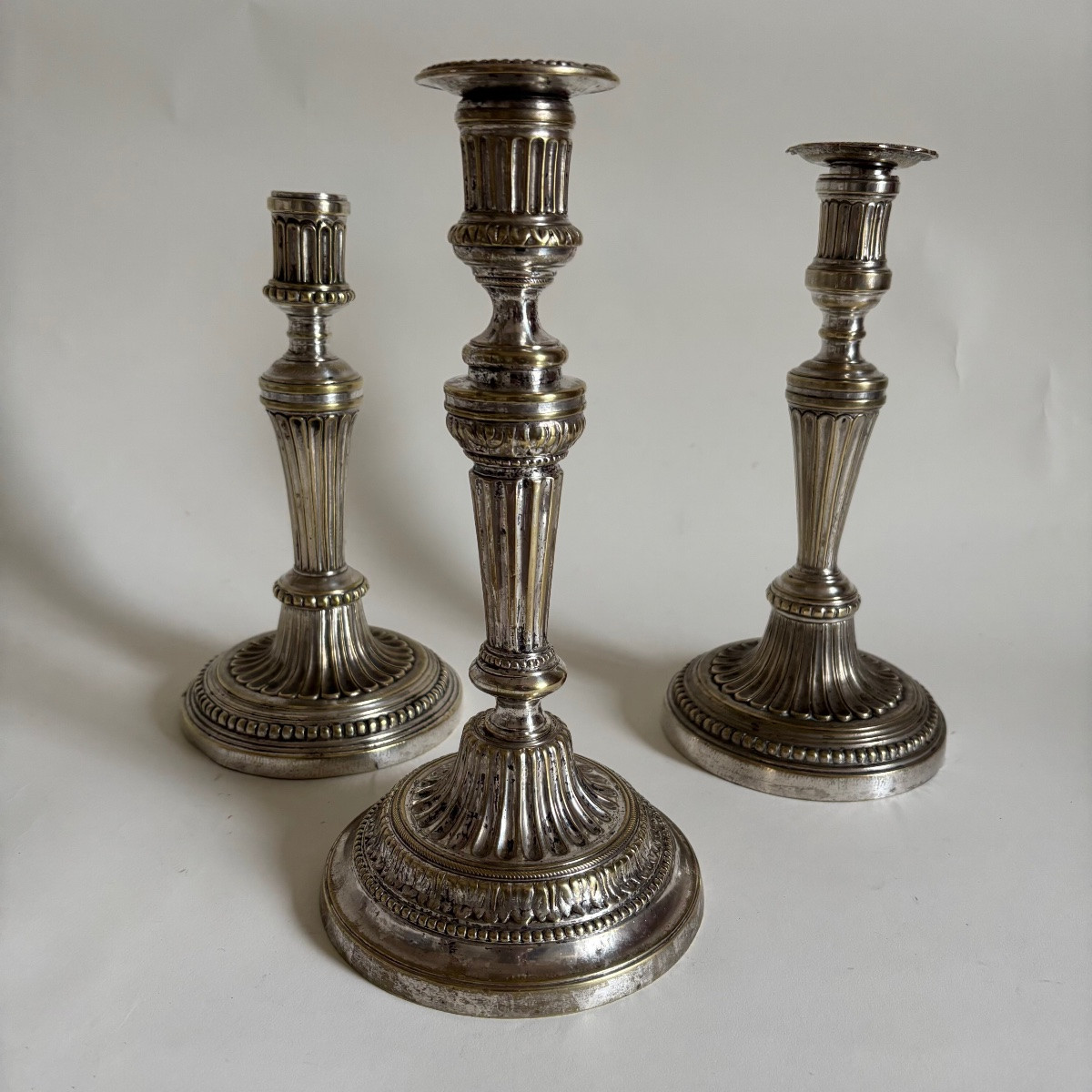 Three Louis XVI Period Silvered Bronze Candlesticks, 18th Century-photo-2