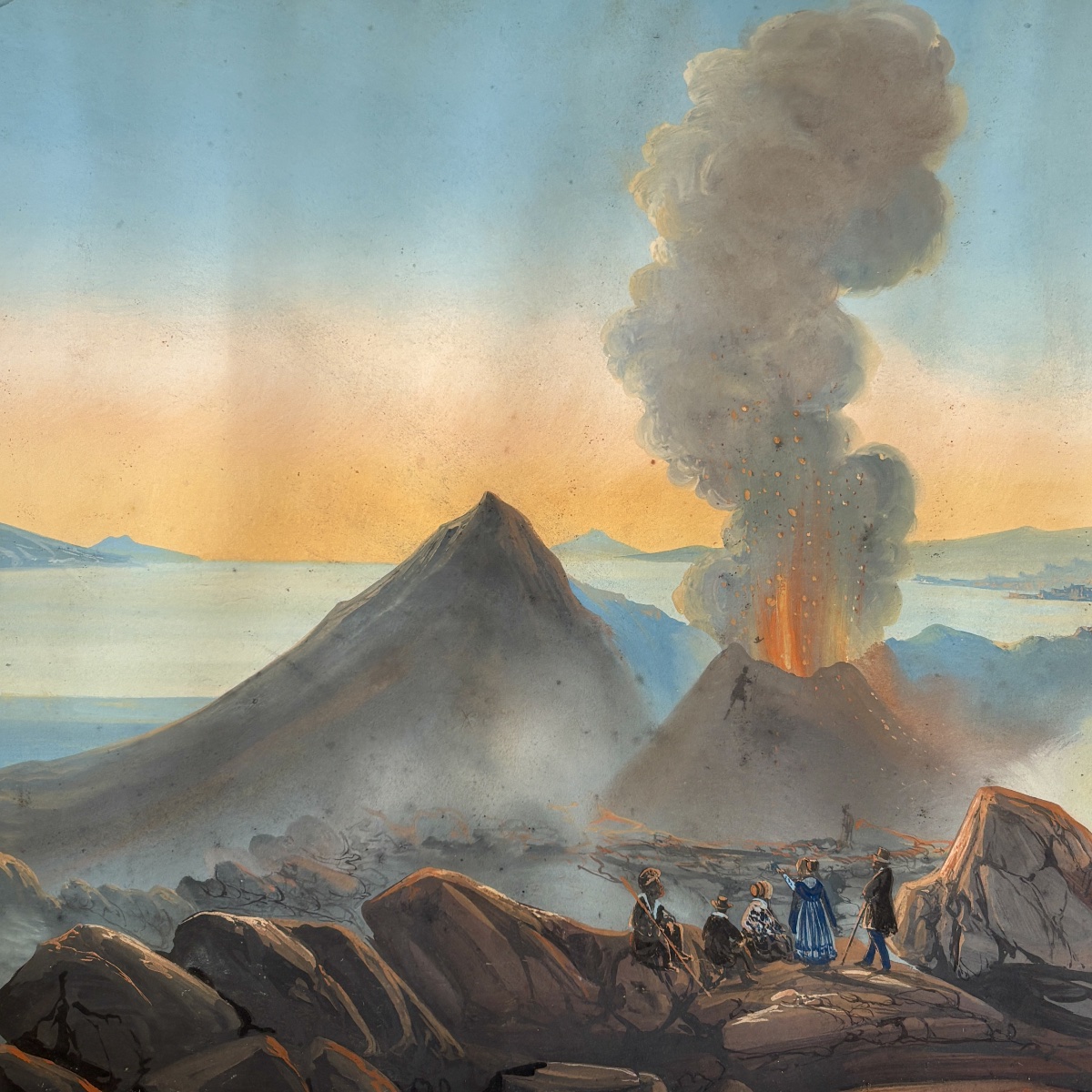 Mid-19th-century Neapolitan School: "mount Vesuvius Erupting," Souvenir Gouache Painting From The Grand Tour -photo-3