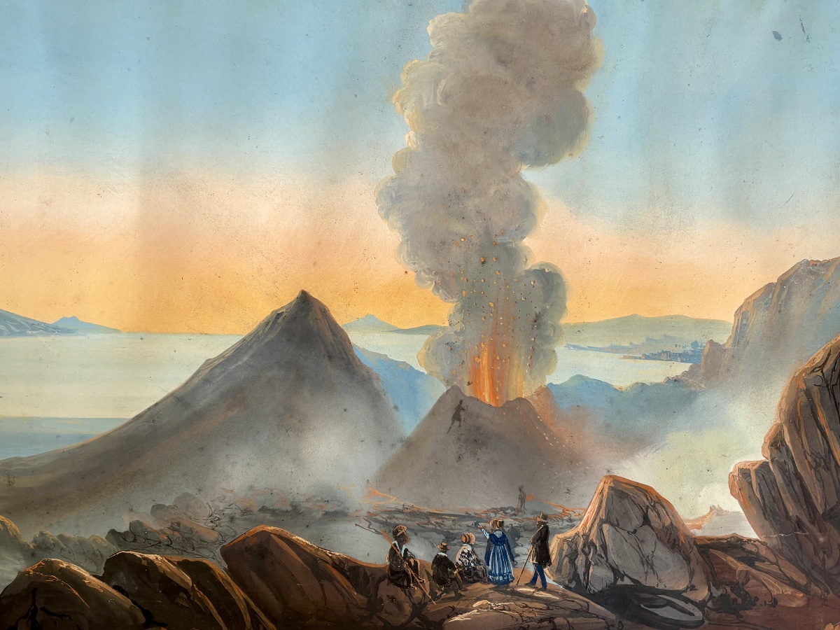 Mid-19th-century Neapolitan School: "mount Vesuvius Erupting," Souvenir Gouache Painting From The Grand Tour -photo-4