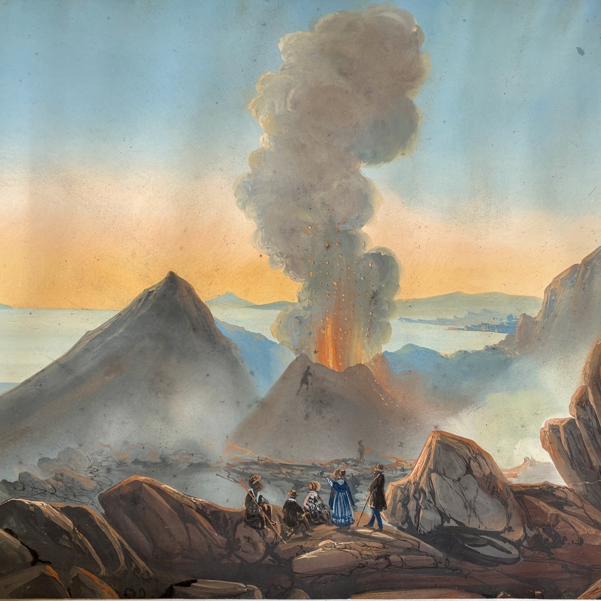 Mid-19th-century Neapolitan School: "mount Vesuvius Erupting," Souvenir Gouache Painting From The Grand Tour -photo-3