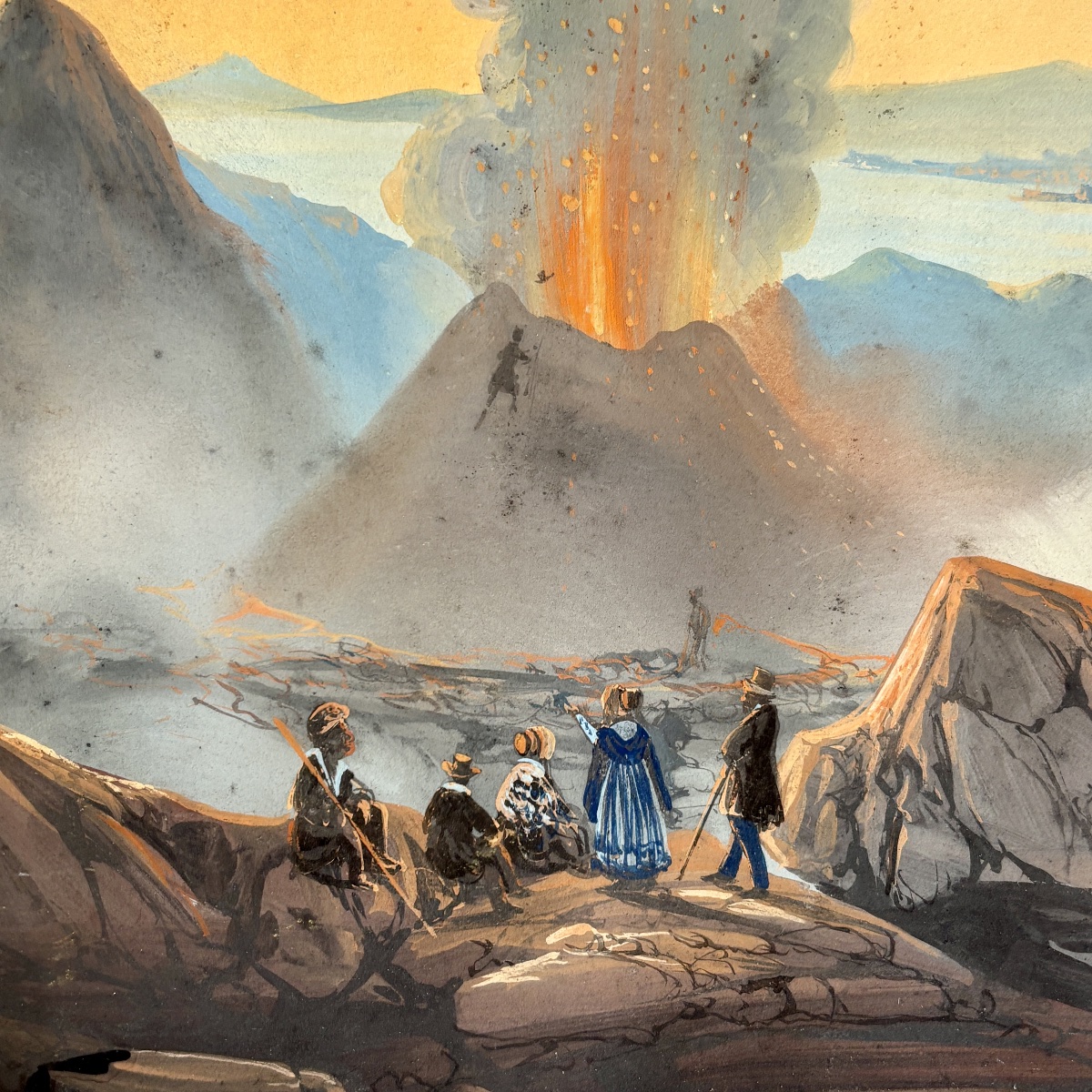 Mid-19th-century Neapolitan School: "mount Vesuvius Erupting," Souvenir Gouache Painting From The Grand Tour -photo-5