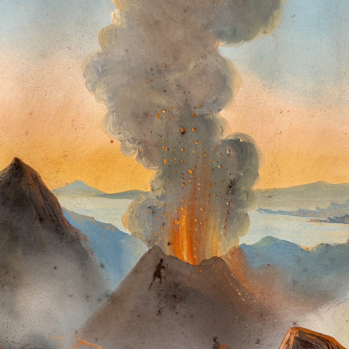 Mid-19th-century Neapolitan School: "mount Vesuvius Erupting," Souvenir Gouache Painting From The Grand Tour -photo-6