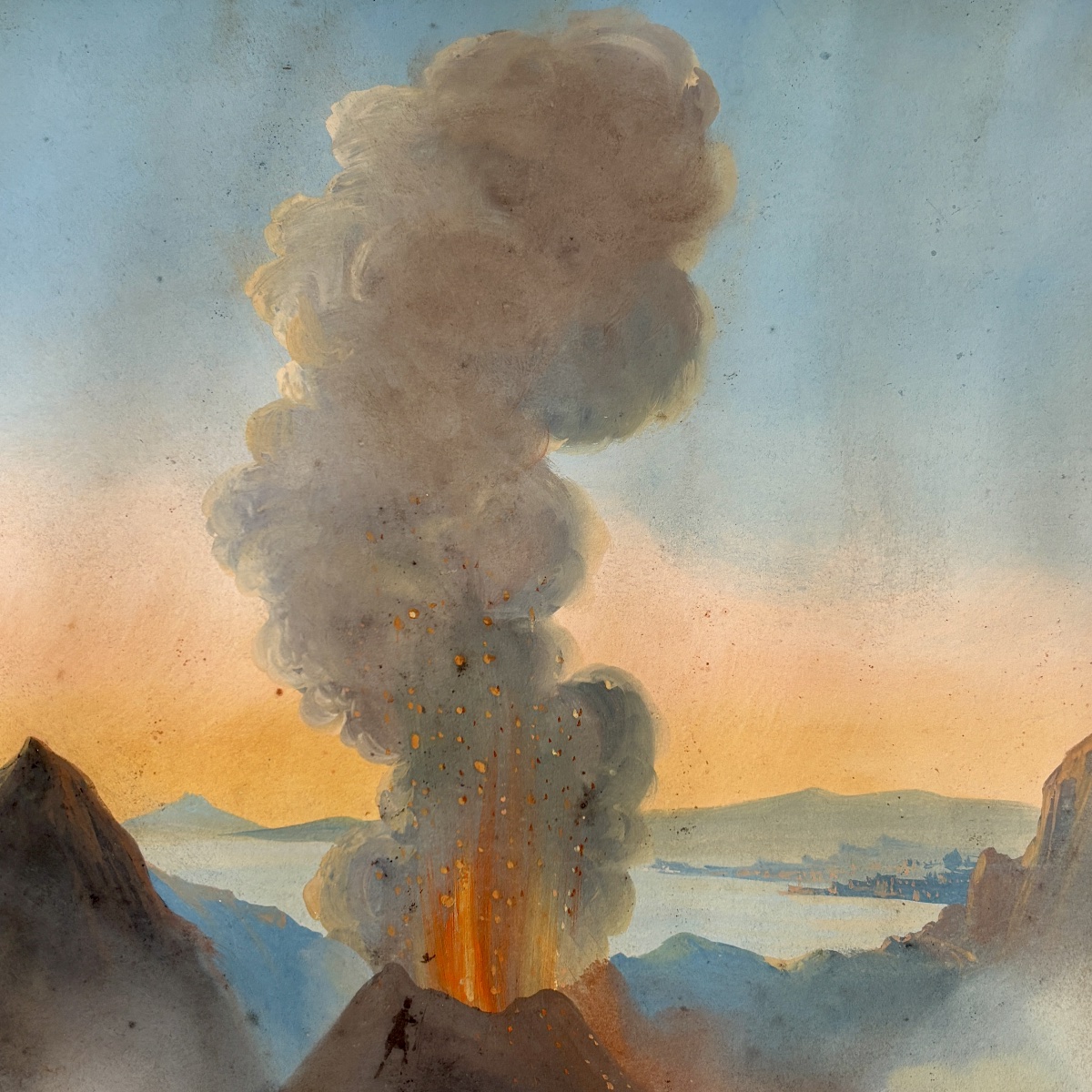 Mid-19th-century Neapolitan School: "mount Vesuvius Erupting," Souvenir Gouache Painting From The Grand Tour -photo-8