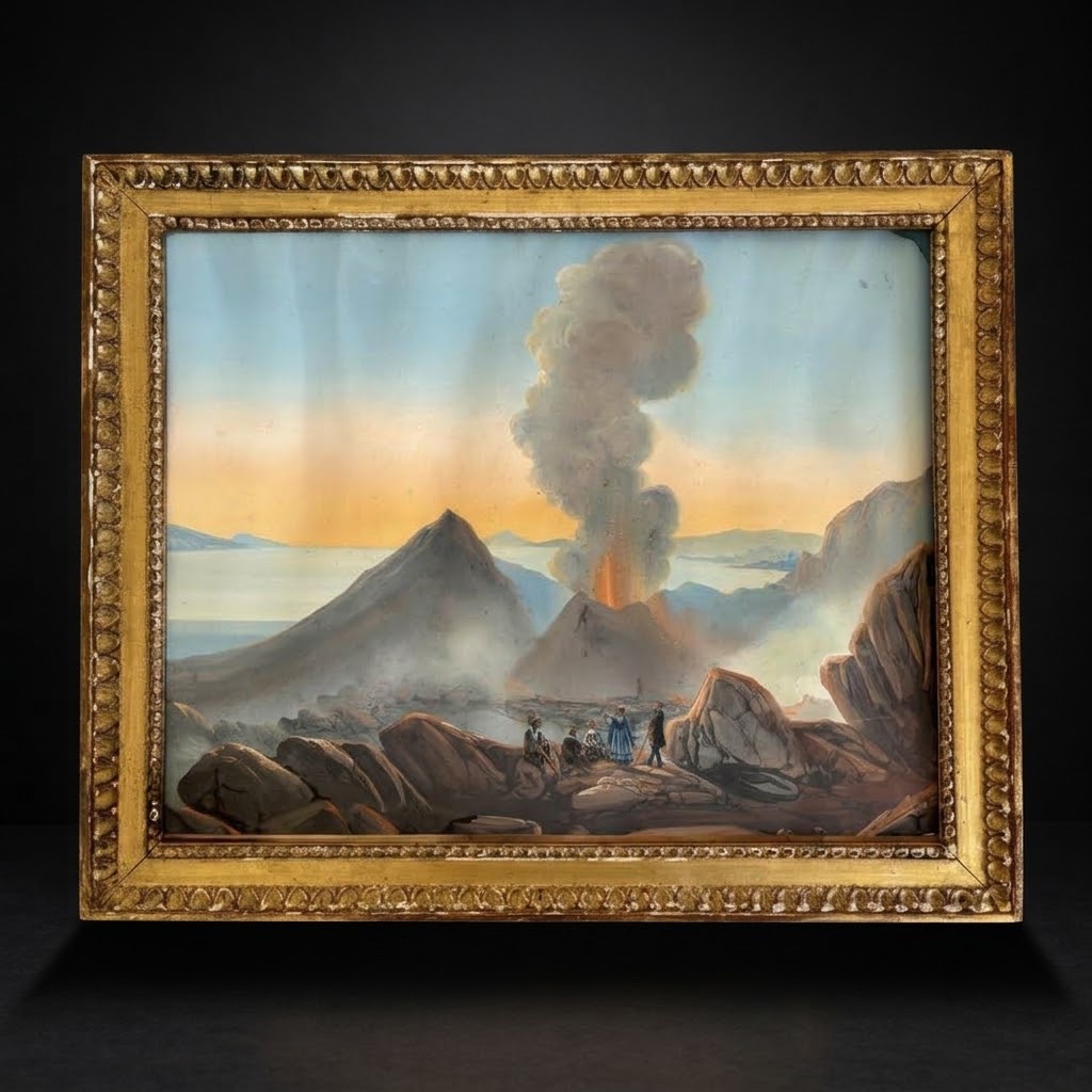 Mid-19th-century Neapolitan School: "mount Vesuvius Erupting," Souvenir Gouache Painting From The Grand Tour 
