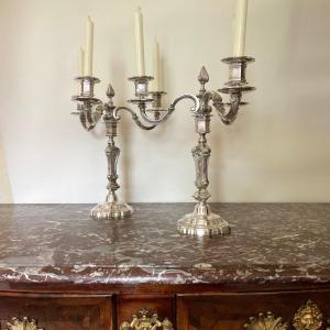 Pair Of Napoleon III Candelabra Silver Metal Regency Style Candlestick Louis XV Candlesticks 19th 