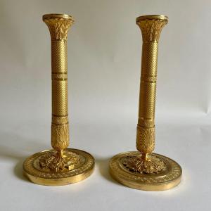 Choiselat Gallien  Bougeoirs Flambeaux époque Empire Bronze Doré Début XIXe