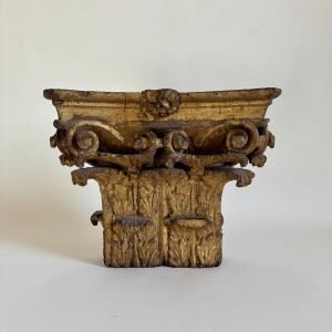 Pilaster, Gilded Wood Capital, Louis XVI Period, 18th Century, Corinthian Order 
