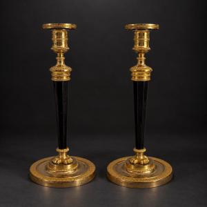 Ravrio Pair Of Empire-style Candlesticks, Early 19th Century, Gilded Bronze