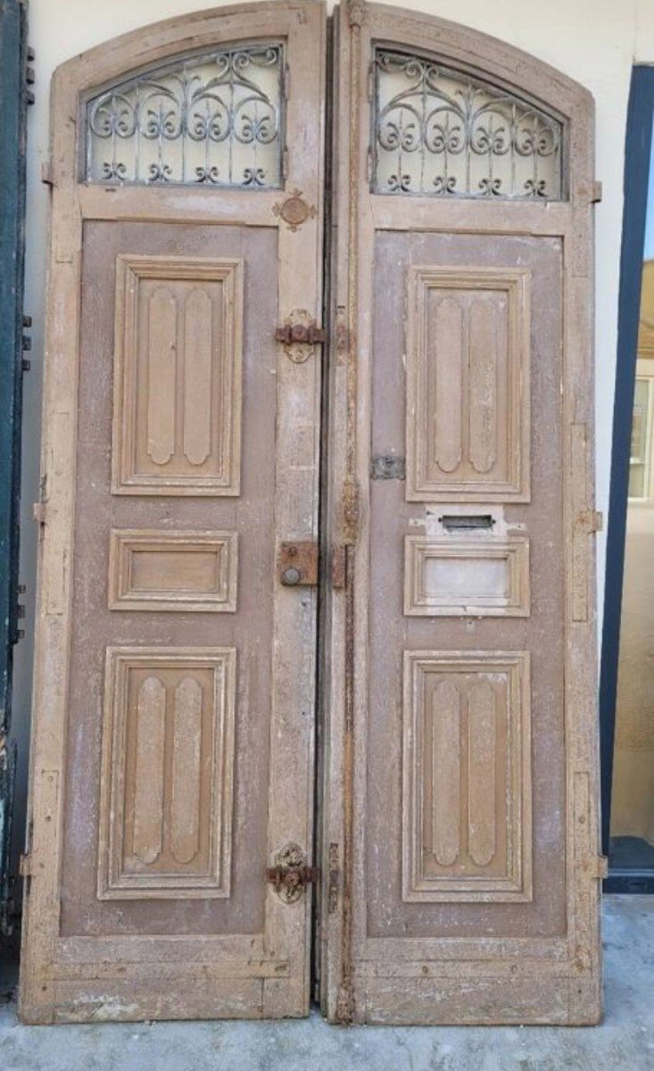 Porte d'Entrée Cintrée Double En Chêne Et Fer Forgé 19éme -photo-3