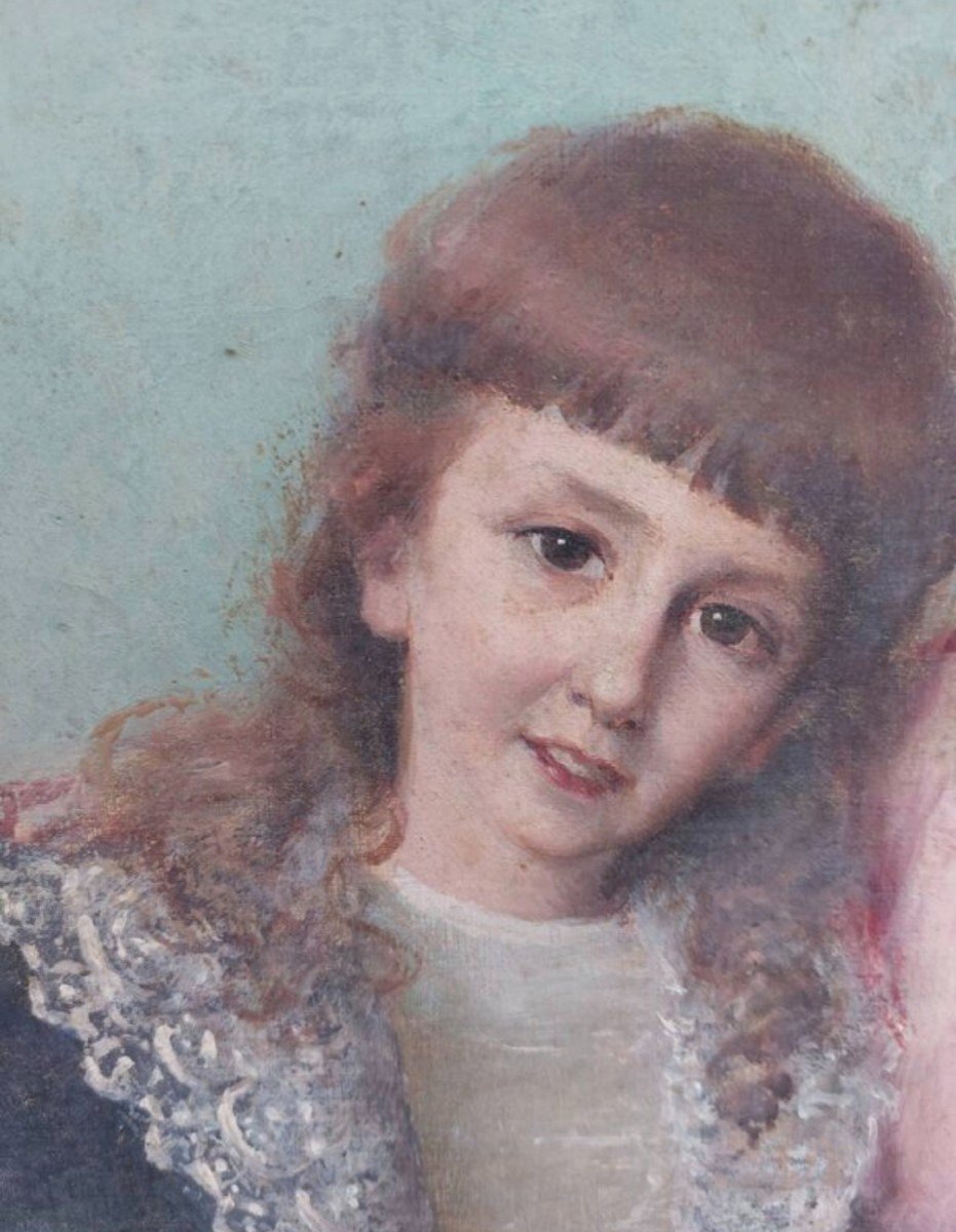 Tableau Portrait Aux Jeunes Filles Huile Sur Toile 19éme -photo-3